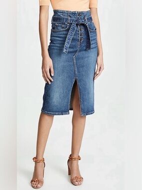 Veronica Beard High-Waist Tie-Belt Denim Pencil Skirt - Blue Size 4